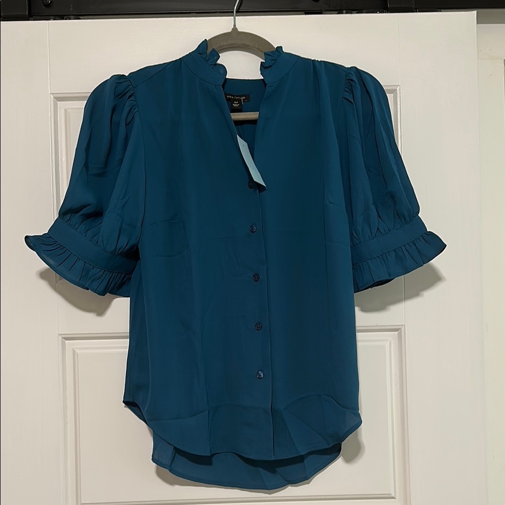 Ann Taylor Teal Puff Sleeve Blouse